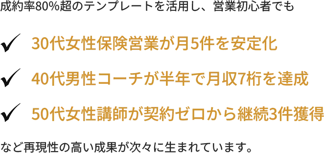 成約率80%超のテンプレートを活用し、営業初心者でも 30代女性保険営業が月5件を安定化/40代男性コーチが半年で月収7桁を達成/50代女性講師が契約ゼロから継続3件獲得 など再現性の高い成果が次々に生まれています。